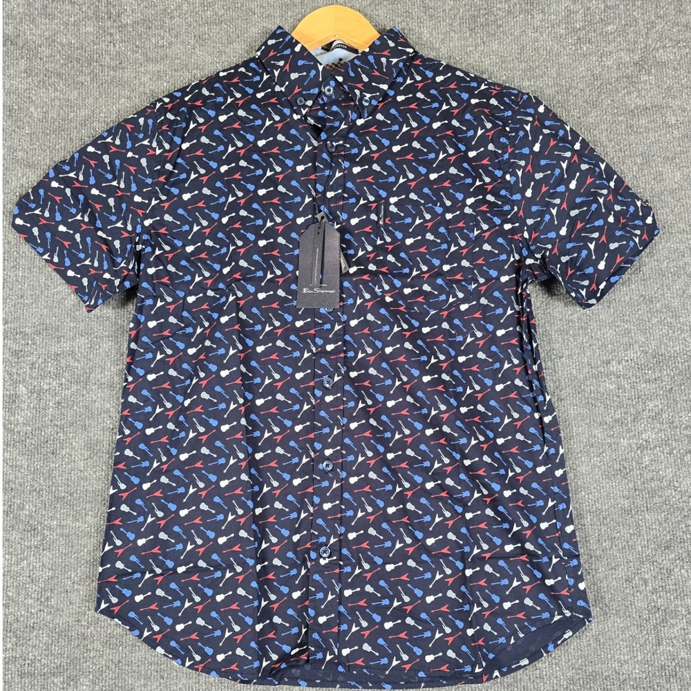 Ben Sherman Mens Short Sleeve Button Down Shirt Navy Guitar Print Stretch M